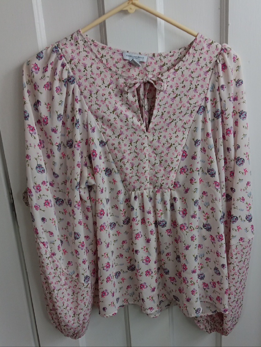 Carolina Belle Cream Blouse with Pink Floral Tie-Neck